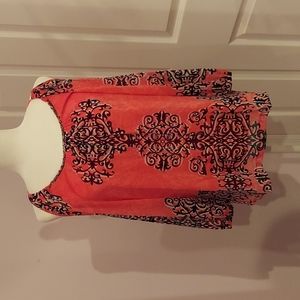 INC International Concepts Coral Cold-Shoulder Blouse with Black Scroll Print